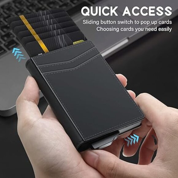Men's Credit Card Holder Grain Leather RFID Blocking Pop Up Minimalist Wallet - Picture 1 of 7